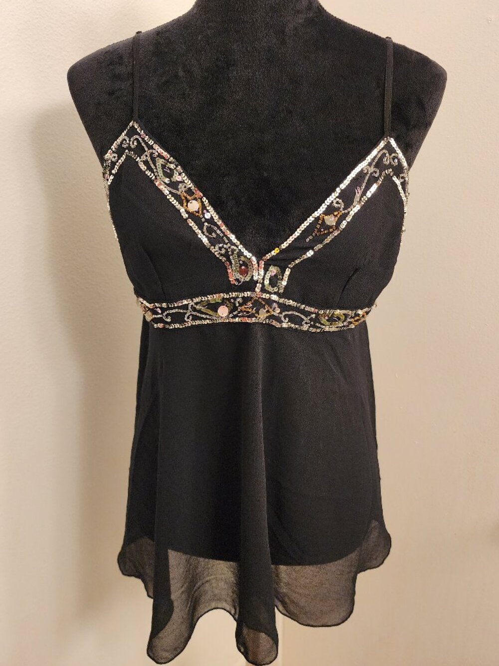 Black Y2K Sequin Beaded Chiffon Cami Top Size S Handkerchief Hem